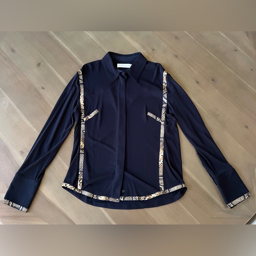 Victoria Beckham Navy Blue Silk Snake Print Women’s Shirt